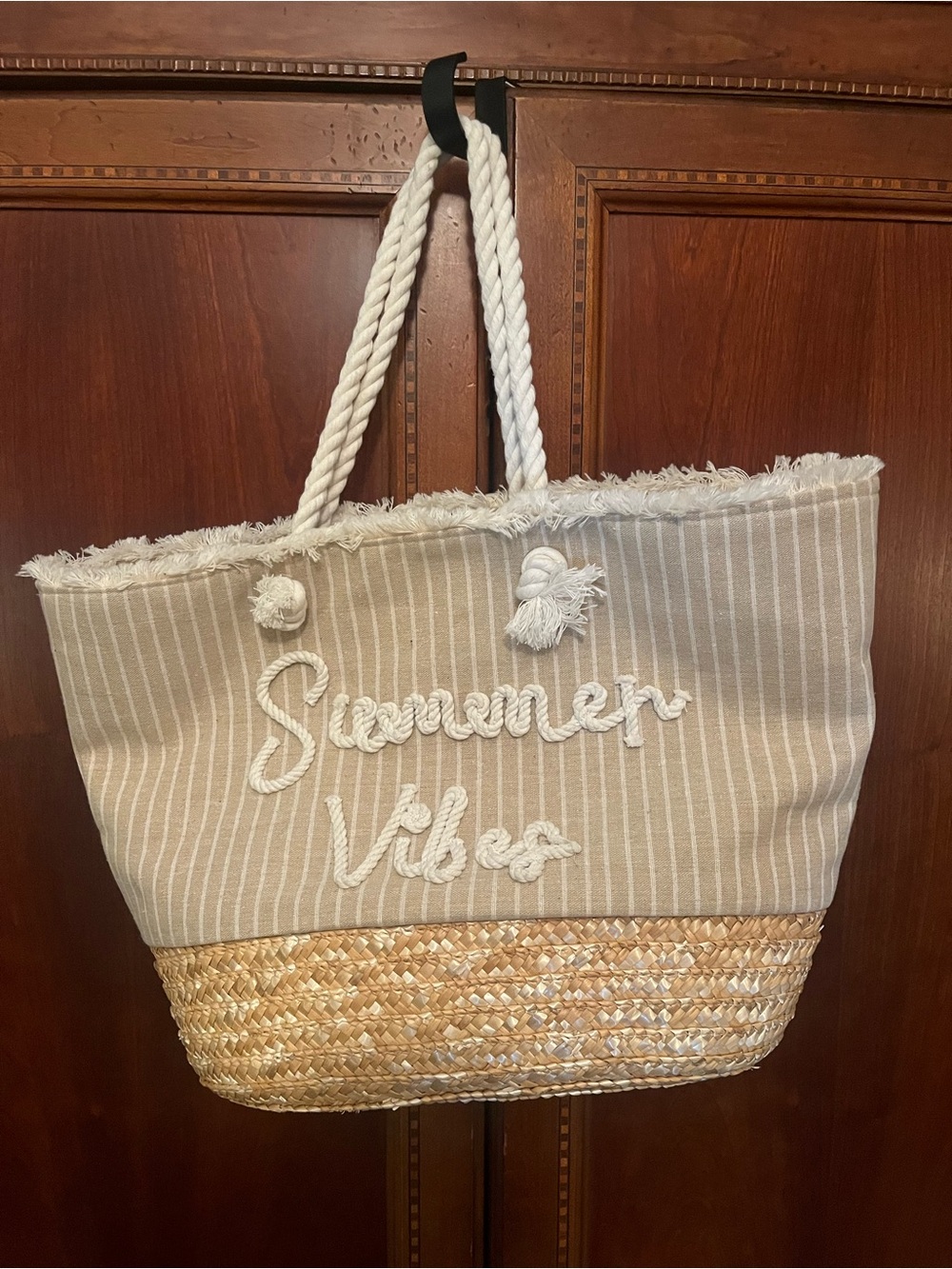 Free Style Summer Vibes Straw Beach Tote Bag Rope Handles Large Tote